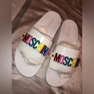 Moschino White Slides with Rainbow Letters